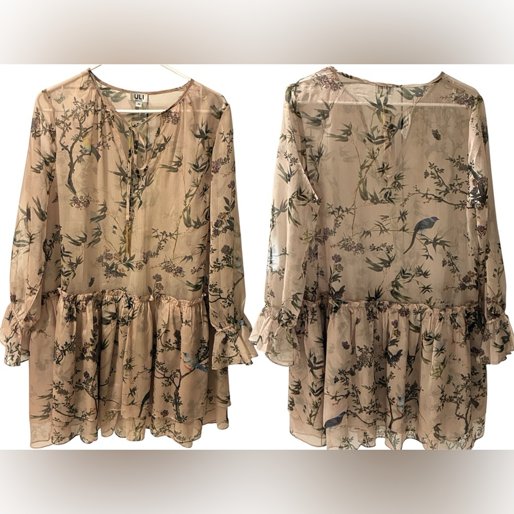 ULI by Uli‎ Herzner Sheer Long Sleeve Vines Bird Pattern Gold Tassel Size Med